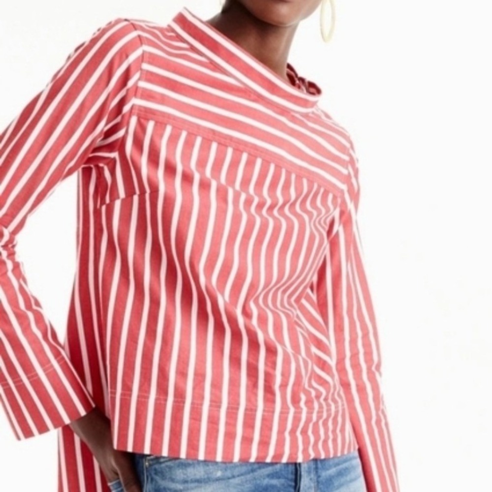J. Crew Red White Striped Funnel Neck Cotton Poplin Blouse Top Womens 12